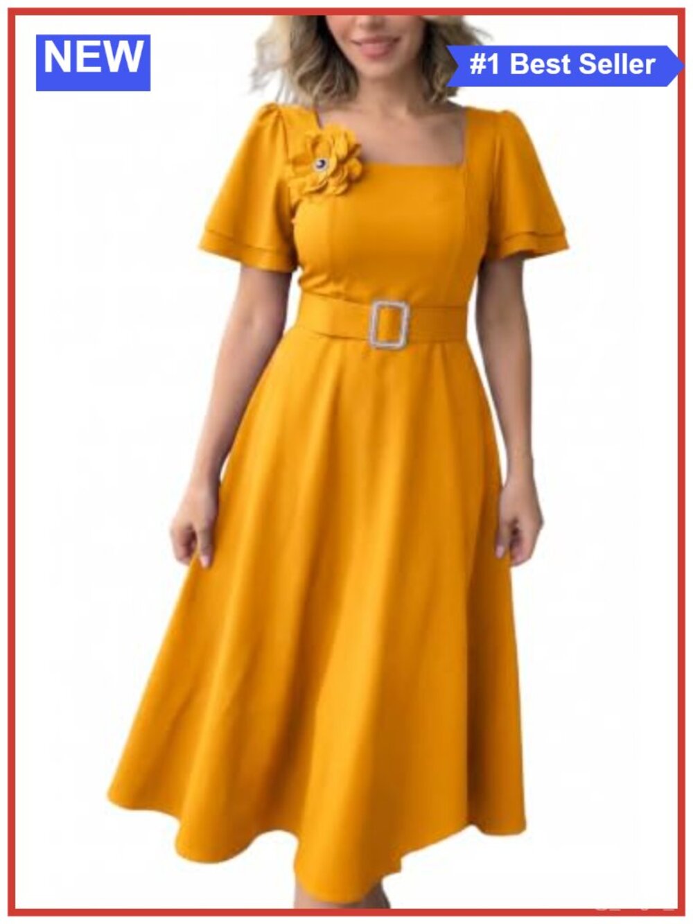 Women Ruffle Short Sleeve Swing A Line Semi Formal Midi Dress